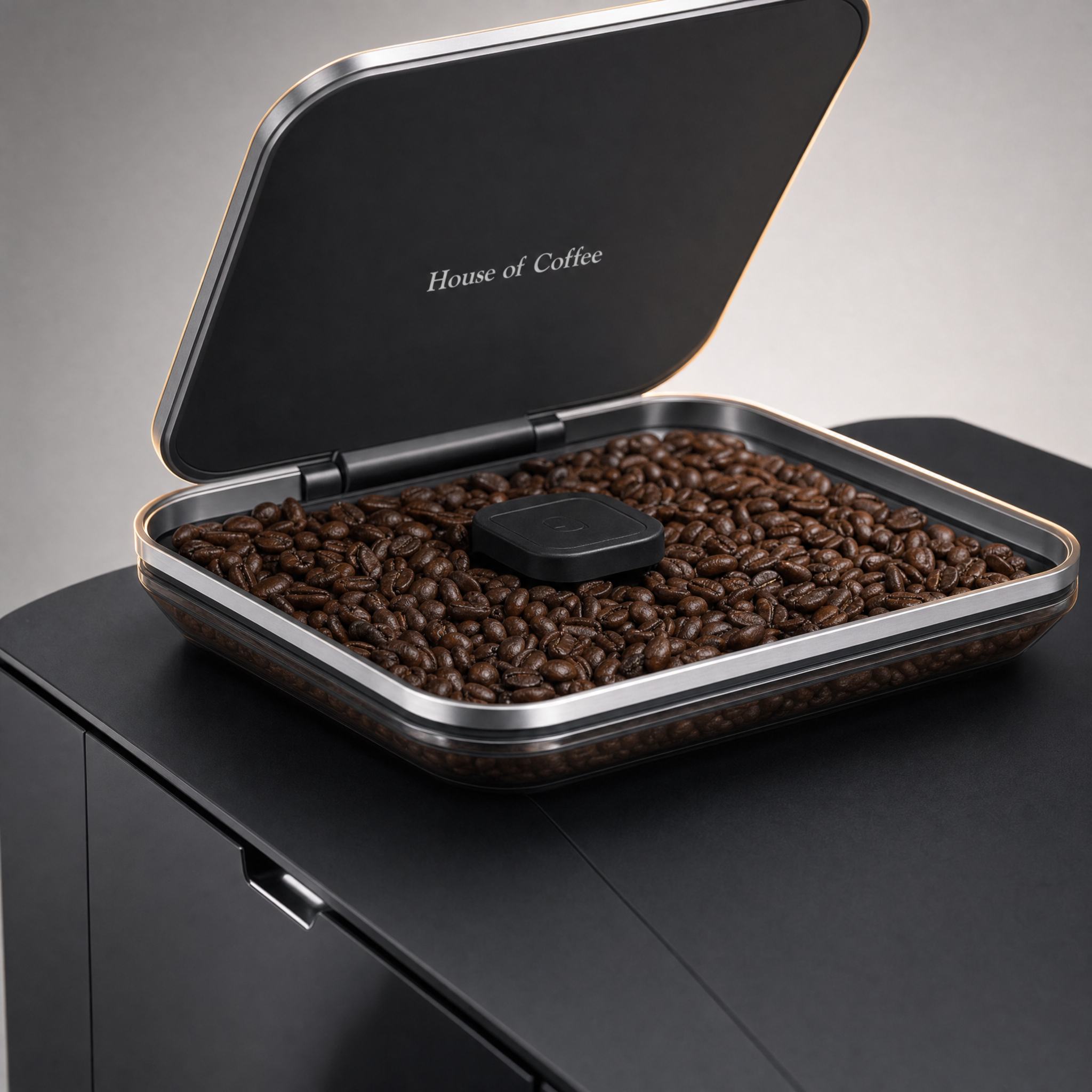 Close-up van het bonenreservoir van de House of Coffee Gen 1
