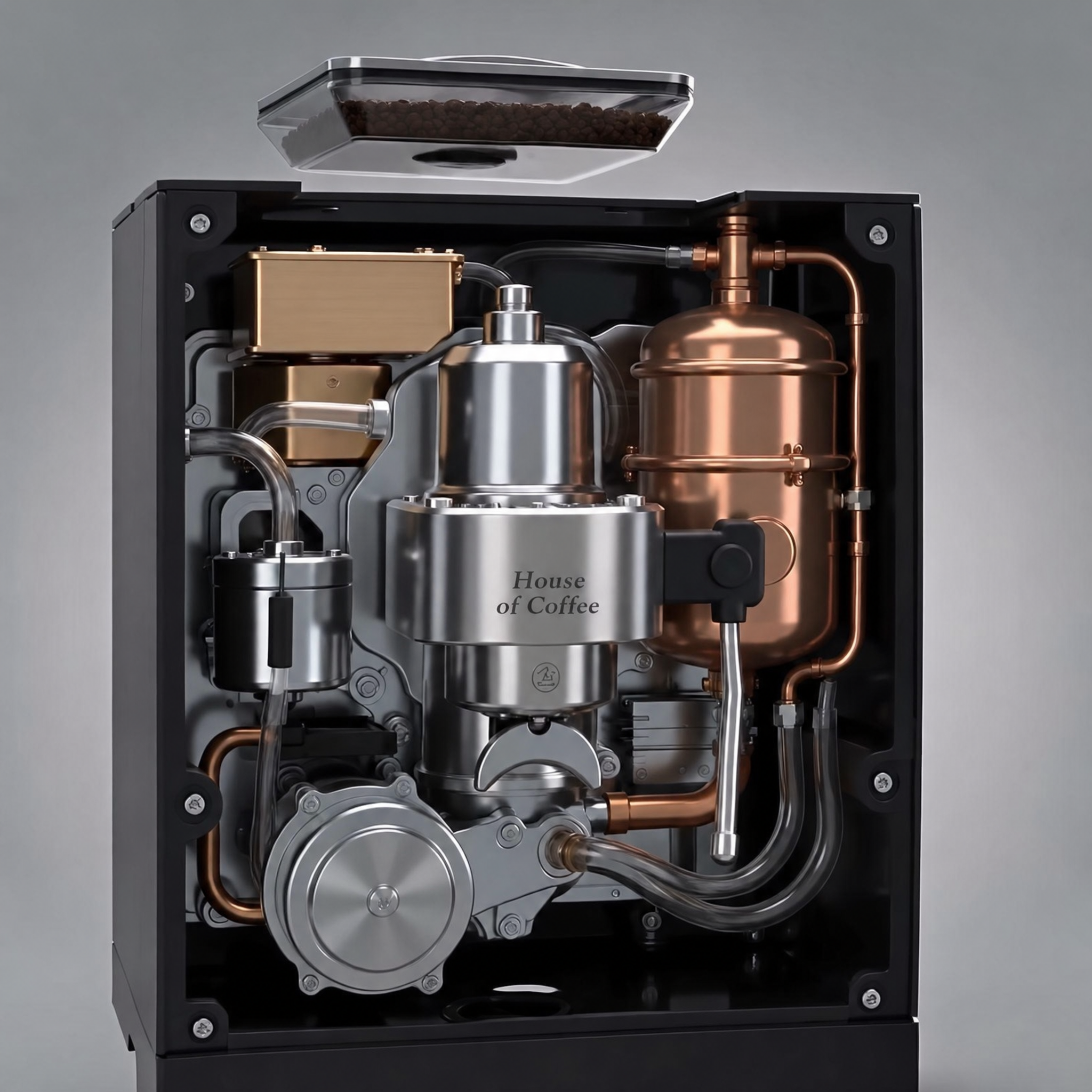Interne mechaniek en leidingsysteem van de House of Coffee Gen 1